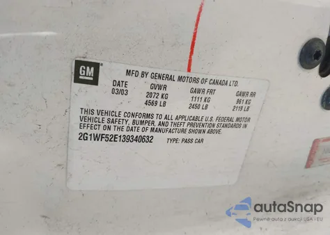 2003 Chevrolet Impala из США, поврежденный, VIN 2G1WF52E139340632